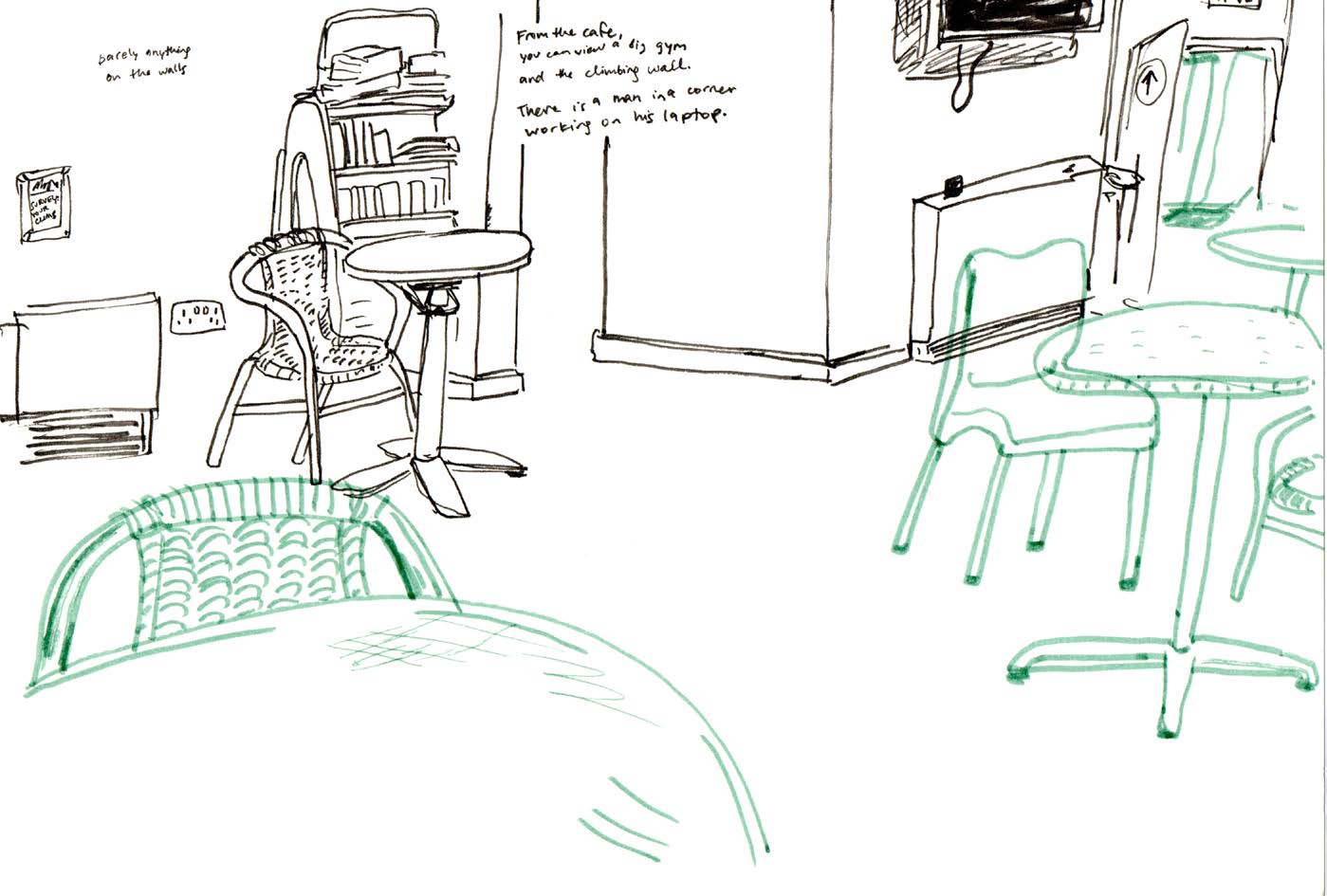 Illustration of a cafe setting with tables and chairs